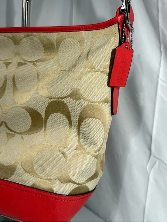 Coach Signature Canvas Red Leather Trim Large Shoulder Bag Hobo Tassel - Picture 4 of 16